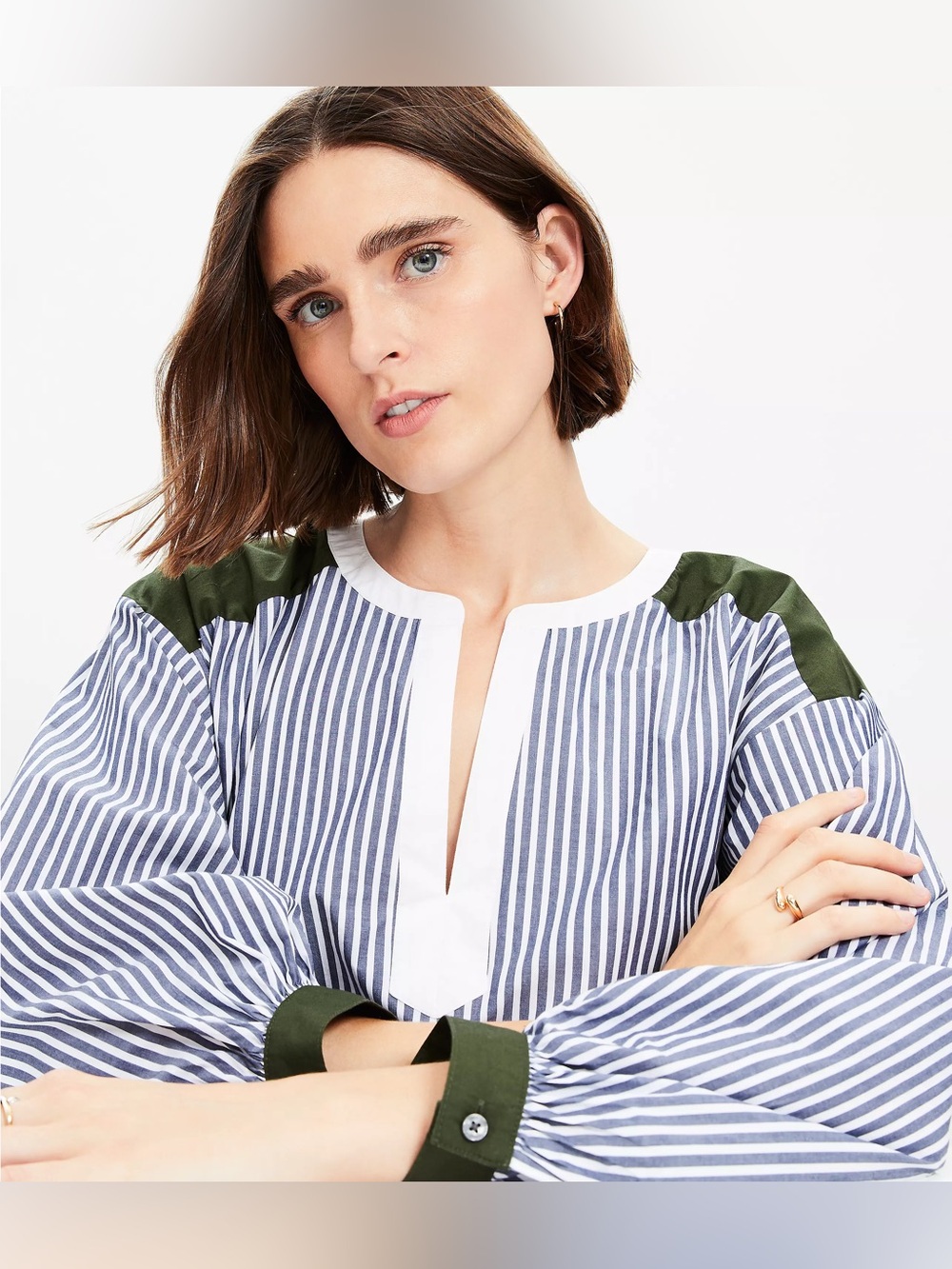 Ann Taylor‎ LOFT Striped Colorblock Poplin Bishop Sleeve Blouse Preppy Coastal L - Picture 3 of 14